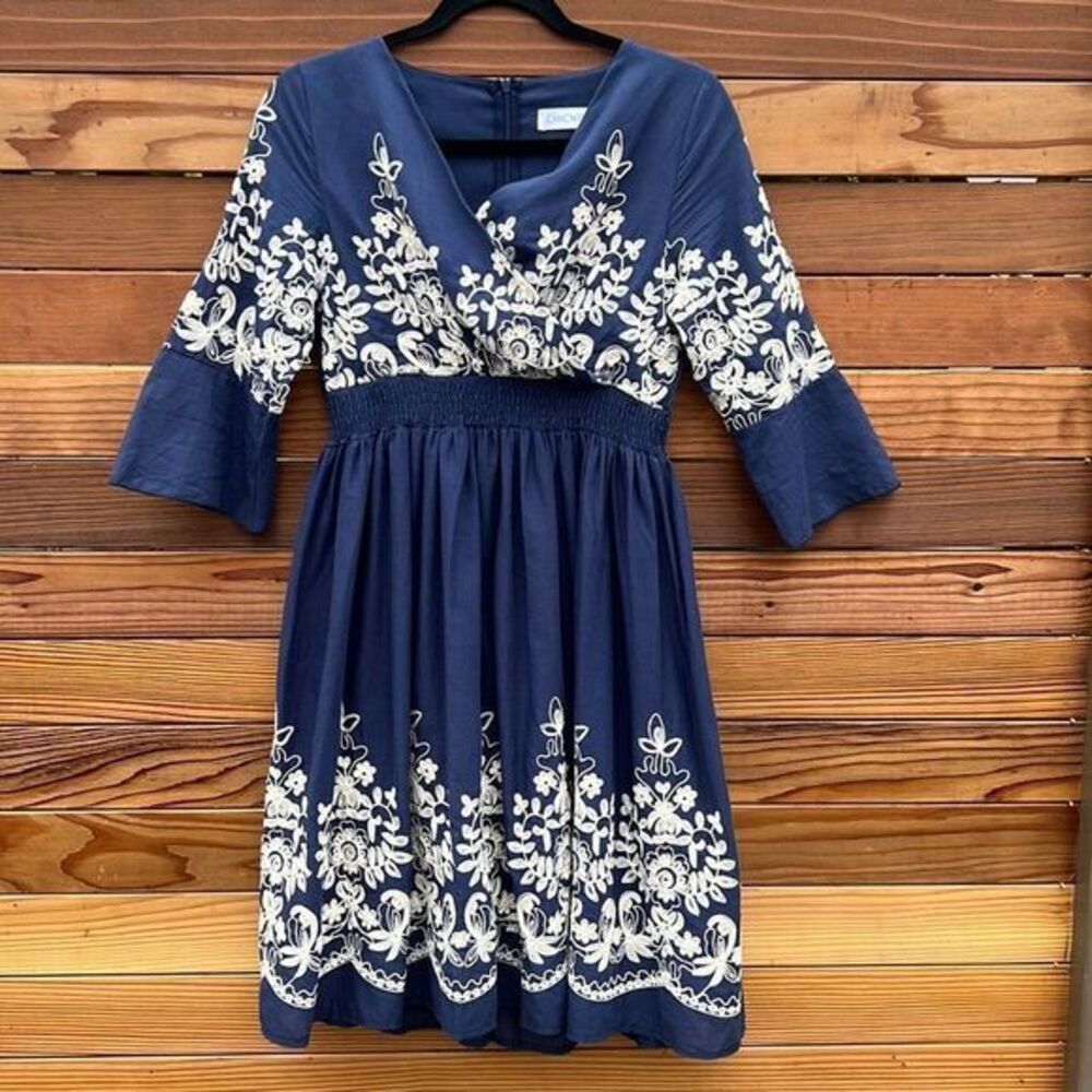 Chicwish Navy Blue Mini Dress with White Floral Embroidery